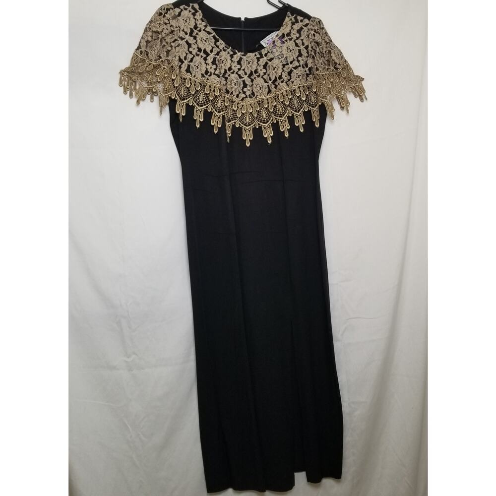 Anna Black Long Formal Dress Gold Lace Cape 18 inches Slit Front Hem Size XL